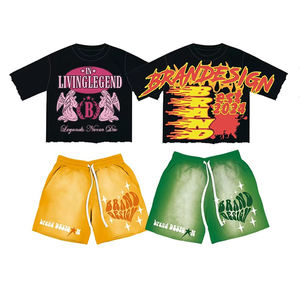 Conjunto de 2 piezas de camiseta y pantalones cortos personalizado 100% algodón verano sudor traje Unisex lavado ácido hombres pantalones cortos conjunto - Product Image 1