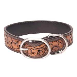 Collar de perro de cuero hecho a mano con patrón floral, producto deportivo y de entretenimiento de estilo occidental - Product Image 1