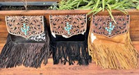 Vente chaude cheveux faits à la main sur cuir repoussé Cactus Turquoise pierre frange sac à bandoulière Western en cuir véritable sac à main pour les femmes
