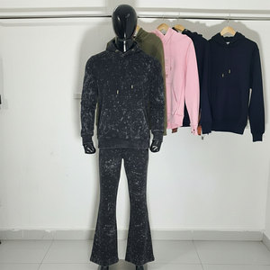 Acid Washed Woven <b>Thermal</b> 400GSM Formal Tracksuit Long Sleeve Hoodie Flared Leg Jogger <b>Pant</b> Rhine Stone OEM Service Front Logo - Product Image 3