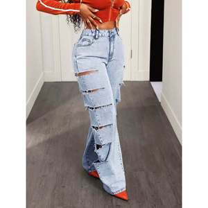 กางเกงยีนส์ขาบานทรงดิสเทรส ดีไซน์เก๋ ใส่สบาย เอวสูง สไตล์ลำลอง ระบายอากาศได้ดี ตัดเย็บแบบคัตเอาท์ ไซส์ XL ลายพิมพ์โลโก้ - Product Image 1