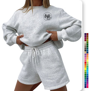 2 Piece Set Sports Cropped Loungewear Crewneck Sweatsuit Sweatshirt With <b>Sweatpants</b> Sportswear <b>Short</b> Sets - Product Image 3