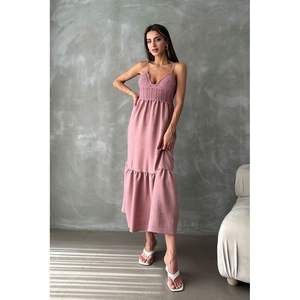 Vestido Casual al Por Mayor Topshow, Diseño Largo con Tirantes y Cuello en V, Color Rosa Polvo, Lino - Product Image 4