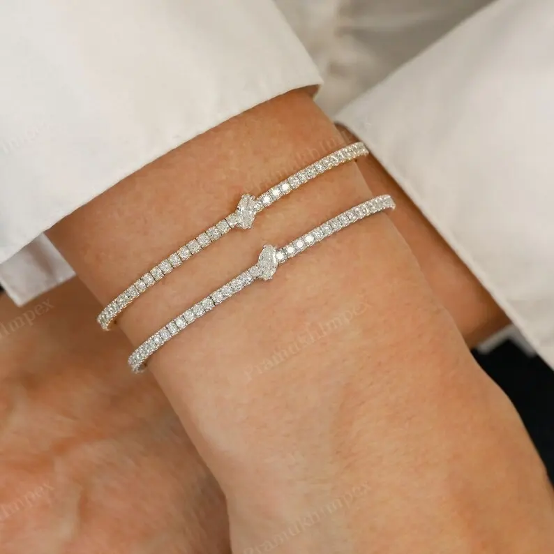 2023 Nieuwe Ontwerp Marquise En Ronde Gesneden Moissanite Armband Flexibele Manchet Armband Voor Vrouwen Sterling Zilveren Sieraden
