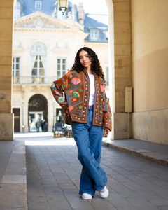 Suzani Velvet Embroidery Floral Woven Autumn Winter <b>Single</b> Button Canvas <b>Quilted</b> Eco-Friendly 100% Cotton Full Sleeves Jacket - Product Image 1