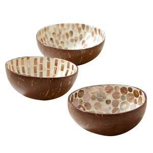 Diseño hecho a mano Servidor de frutas redondeado Tazón de coco Decoración de mesa Elegante incrustaciones de hueso Acabado Soporte de madera - Product Image 3