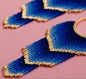 Ombre <b>Blue</b> Gradient Gold Beaded <b>Earrings</b> - Handwoven Long Fringe - Product Image 2