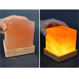 Decorative Square Design Himalayan <b>Crystal</b> <b>Salt</b> <b>Lamp</b> Handmade with Wooden Base for Relaxing Glow at Home - Product Image 1
