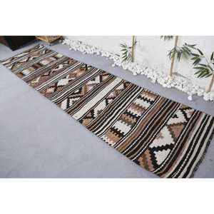 Turkish Rug, 2.5x10.5 ft Runner Rug, <b>Brown</b> Black Kilim <b>Wool</b> Rug - Product Image 3