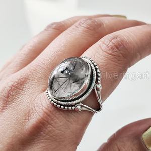 Anillo de Plata de Ley 925 para Mujer con Gema de Rutilo Negro Natural, Piedra de Nacimiento de Abril, Estilo Bohemio, Joyería Hecha a Mano para Navidad - Product Image 2