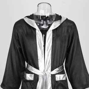 Black-Color Silver-Lining Top Selling Best Quality Kick Boxing-Gown With Hood-Silver Belt Boxing Robes Custom Fighting-<b>Dress</b> - Product Image 6
