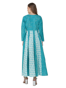 Sati Factory femmes Turquoise blanc imprimé fleuri Maxi robe à manches longues col en v a-ligne robe de bal Style taille tombante-décontracté - Product Image 2
