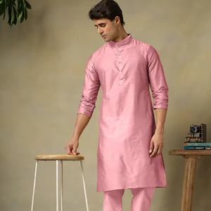 Ensemble Kurta en coton et soie rose pour homme |   Kurta à coupe classique avec pyjama assorti |   Tissu respirant |   Vêtements décontractés confortables - Product Image 1