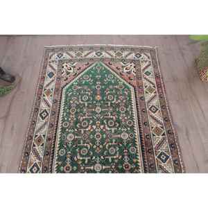 Tapis turc vintage 3,6x6,9 pieds, tapis en laine à carreaux vert et rouge - Product Image 4