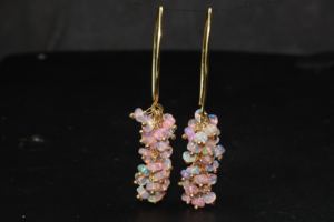 Boucles d'oreilles en grappes perlées avec crochet français en opale rose naturelle pour femmes en argent sterling 925 bijoux en or jaune rempli de pierres de naissance - Product Image 4