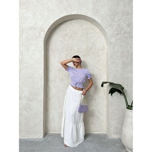 Blusa de Algodón y Poliéster a Cuadros Lila para Mujer, Marca Topshow, con Cintura Fruncida, Elegante y Cómoda para Uso Diario - Product Image 2