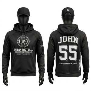 Sweat à capuche d'entraînement de football américain pour hommes, 320 GSM, coton, polyester, polaire, rouge, avec empiècements style universitaire, logo personnalisé en sergé appliqué - Product Image 2