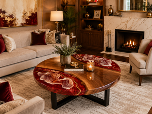Luxury Red Ocean <b>Epoxy</b> Resin <b>Coffee</b> <b>Table</b> Handmade Round Wood & Resin Center <b>Table</b> for Modern Living Room Decor - Product Image 1