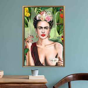 Printed Canvas: Frida with Tea Cup, Birds Jungle Art for Home Decor,GOLD <b>FRAMED</b> CANVAS - Product Image 1