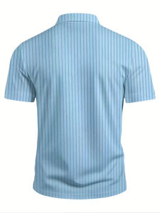 Camisa Polo a Rayas Azul Claro para Hombre, Manga Corta, Cierre de Botones, Tejido Texturizado, Corte Ajustado Informal, Prenda Superior para Exteriores - Product Image 4