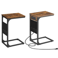 Table d'appoint industrielle rustique en bois en forme de C avec Station de charge et Ports USB