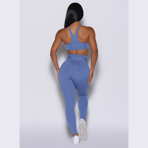 Respirant personnalisé Denim bleu pêche bas Leggings avec poches arrière taille haute et vêtements actifs mode Gym Leggings pour les femmes - Product Image 5