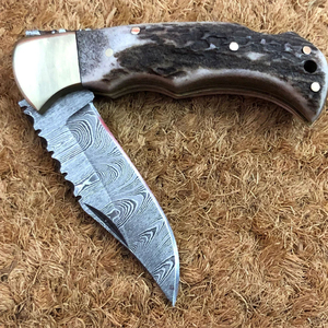 Couteau utilitaire à lame coulissante pleine soie, manche en bois, lame en acier Damas, OEM, garantie 3 ans, étui en cuir - Product Image 3