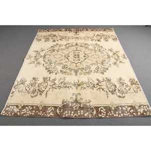 Vintage Turkish Area Rug 6.8x5.5 ft, <b>Brown</b> Green Solid <b>Wool</b> Rug - Product Image 2