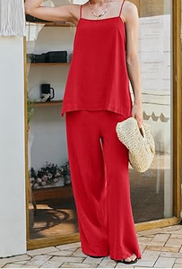 ชุดเดรสแบบลำลองสีแดงชิคสำหรับผู้หญิงพร้อมสายรัดสปาเก็ตตี้คอเหลี่ยมยาวถึงสะโพกกางเกงขากว้างทรงหลวมสำหรับสวมใส่ในชีวิตประจำวัน - Product Image 2