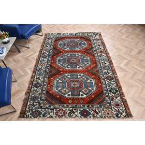 5.6x8.6 ft Vintage Rug, Turkish Large Rug, <b>Red</b> Blue Striped <b>Wool</b> Rug - Product Image 4