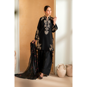 Ensemble 3 pièces IZNIK : Chemise en lawn brodée, Dupatta imprimé en mousseline, Pantalon brodé pour Printemps/Été, Manches trois-quarts - BIC-4513 - Product Image 1