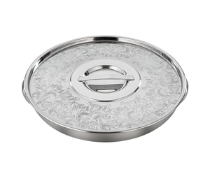 Engraved Silver Stainless Steel Round Food Serving Platter Dish With Lid Decorative Food Serving For Wedding Party Dining Decor - Product Image 1