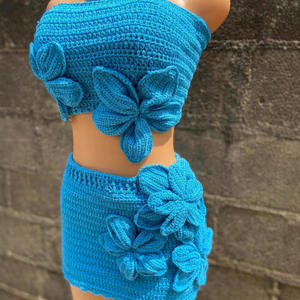 Nuevo Vestido de Bikini de Verano Casual Azul Natural de Ganchillo Tejido, Estilo Europeo Americano, Mini Vestido A-line Sexy con Escote Cruzado - Product Image 1
