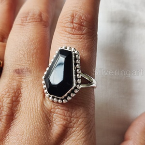 Nouveauté bague femme cercueil naturel onyx noir pierre précieuse décembre bague pierre de naissance arabe bijoux fins 925 bague en argent Sterling - Product Image 1
