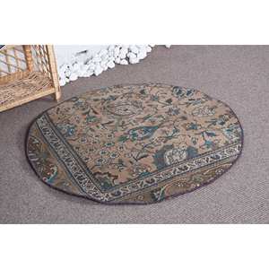 Alfombra de lana tradicional Vintage, diseño de retales Beige y azul, tamaño de 3,3X3,2 pies para decoración de sala de estar, uso de coche, respaldo de látex - Product Image 3