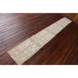 1,3x9,6 ft Runner Vintage Rug, Turkish Rug, <b>Yellow</b> Pink Check <b>Wool</b> Rug - Product Image 2