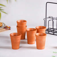 Ensemble de 6 gobelets en argile terracotta faits à la main, style Japandi, support en fer noir, design indien Kulhad, étanches, compatibles lave-vaisselle et micro-ondes