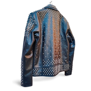 แจ็คเก็ตหนังวัวแท้สไตล์ไบค์เกอร์ร็อคพังก์ประดับหมุดและคริสตัลสีดำสำหรับผู้หญิงรุ่นใหม่ - Product Image 6