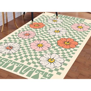 Tapis en laine patchwork écologique rétro motif floral facile à nettoyer avec envers en latex - Product Image 2