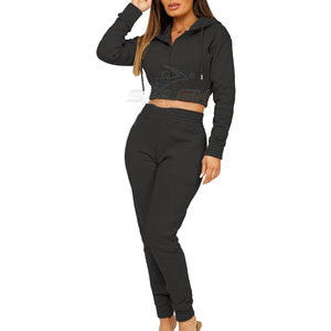 Conjunto Deportivo de Invierno con Capucha, Color Sólido, Estilo Corto, con Pantalones Jogger de Corte Regular para Descanso, Ejercicio y Uso Casual, Top Corto y Pantalones de Jogging - Product Image 4