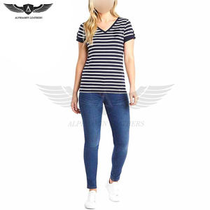 Camisetas de Algodón Estampadas para Mujer, Corte Regular, Hechas a Mano, Servicio OEM, Contraste de Color Azul y Blanco, Precio al por Mayor - Product Image 2