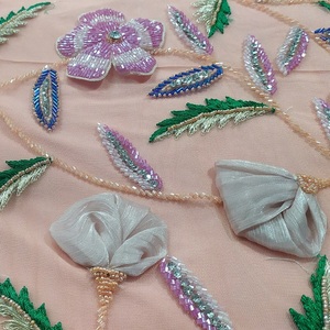 New Design Hand Beaded Fabric Luxury <b>Embroidery</b> Beads Beaded Lace Fabric African Lace Fabric - Product Image 3