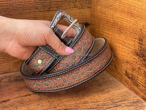 New Arrival Genuine <b>Leather</b> Western Hand <b>Tooled</b> and Hand Painted Floral Belts Real Handmade <b>Tooled</b> <b>Leather</b> Unisex Waist Belts - Product Image 2