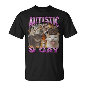T-shirt promozionale con grafica bootleg di meme di gatti autistici e gay, con design unico - Product Image 1