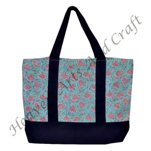 Handmade Indian Black Handle Block Print Tote <b>Bag</b> Fashionable 100% Cotton Carry <b>Bag</b> New Style Market <b>Quilted</b> - Product Image 3