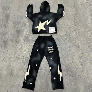 Custom <b>Embroidery</b> Logo Stacked Winter Breathable Acid Wash Men's Drawstring Flared Tracksuits Sweatsuit <b>Set</b> - Product Image 4