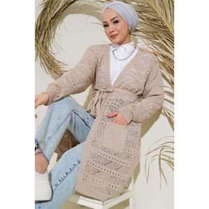 Beige Knitwear <b>Cardigan</b> <b>with</b> Zigzag Patterned Holes Buttons Long Casual Plus Size Acrylic <b>Cardigan</b> for Spring Summer & Winter - Product Image 2