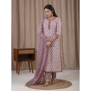 Traje Étnico de Kurta y Pantalón de Algodón con Estampado a Mano en Blanco y Rosa para Ocasiones Especiales - Anarkali Salwar - Product Image 4