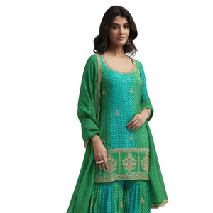 Set di Chinon Bandhani Sharara verde per feste Festive all'ingrosso matrimoni celebrazioni culturali e massa etnica tradizionale - Product Image 3