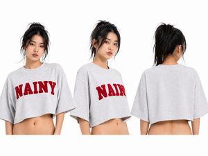 New Arrival <b>Y2K</b> Drop Shoulder Custom Women Crop <b>Top</b> Towel Embroidery Loose Short Sleeve Round Neck T-shirt Casual women's Shirt - Product Image 6